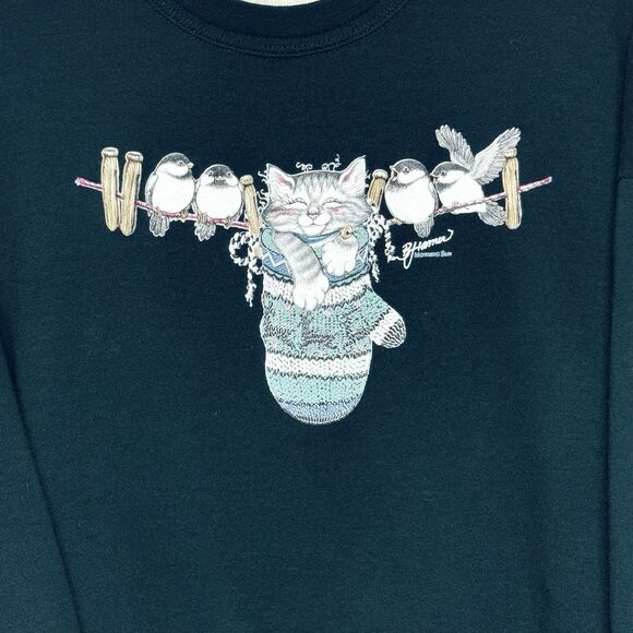 VTG Morning Sun Cat in a Mitten Birds on Clothesline Large Petite USA Grandma - Picture 2 of 6